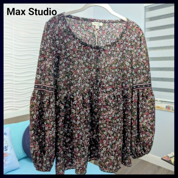 NWT Spring Max Studio Cottagecore Top black Pink Floral print Valentine's Sm - Picture 3 of 16